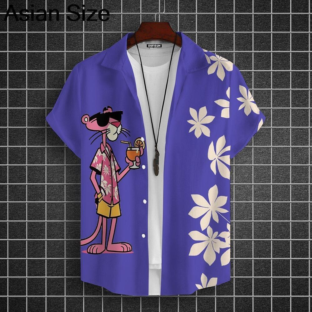 Cartoon Leopard Grafik Herren Kurzarm Hemd mit Kragen Oberteile Unisex Rosa Knopfleiste Hawaiian Hemden Sommer Täglich Damen Blusen