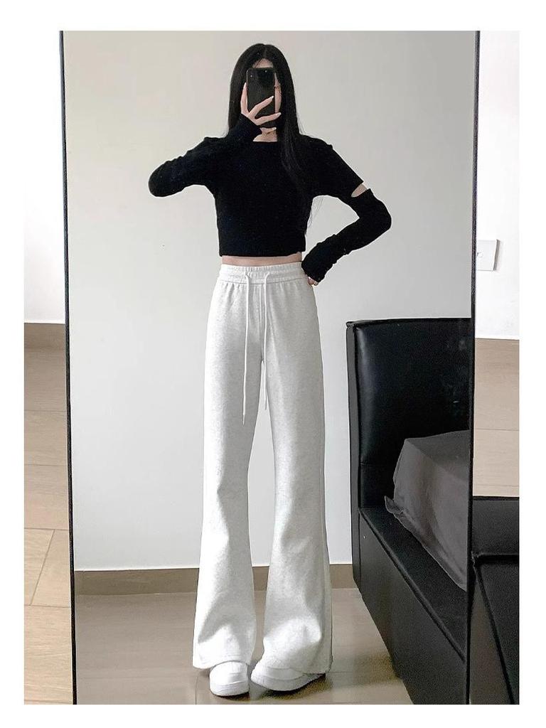 High Waist Deep Grey Flare Pants - Petite Slimming Casual Sweatpants for Women