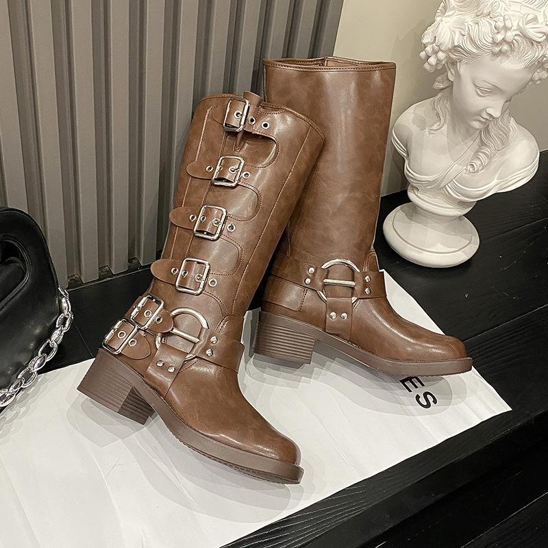 Belt buckle Martin boots women's thick heel 2025 new knee boots retro western cowboy high knight boots