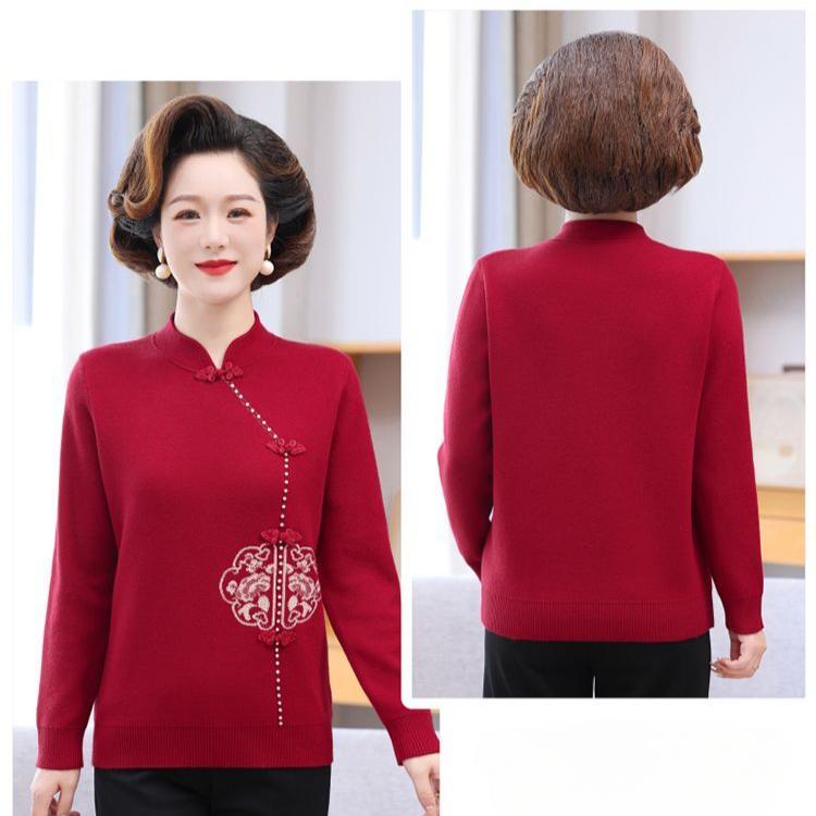 Chinese Style Autumn Knit Sweater for Women Elegant Mom Fashion Warm Fall Top