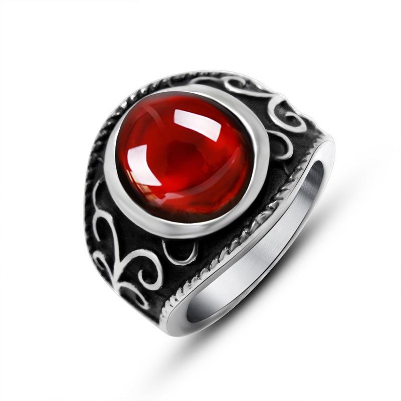 

Vintage Stainless Steel Gothic Rings for Men and Women Engraved Flowers with Red Garnet Natural Stone Fine Jewellery 7