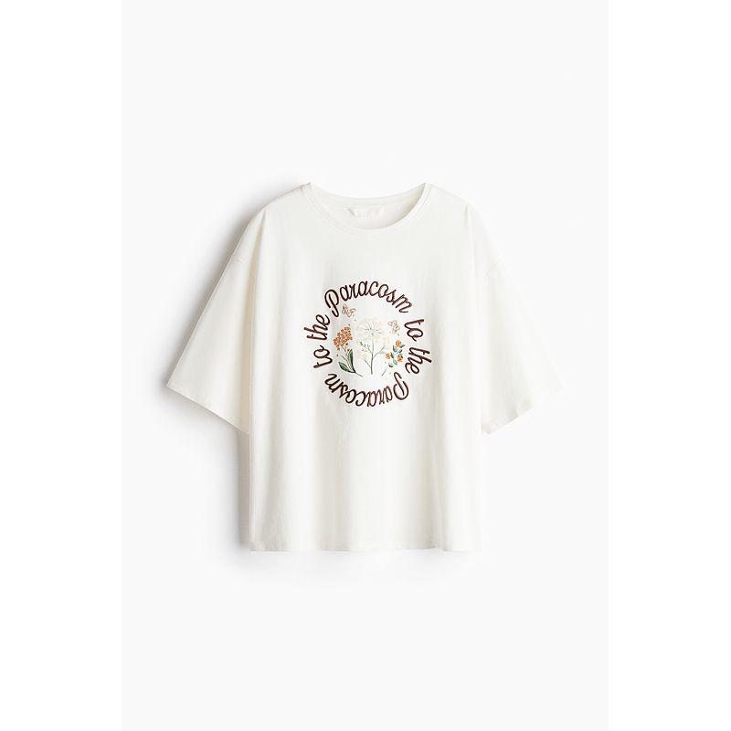 

HM Women s T-shirt 2025 Autumn New Arrival Loose Print American round Neck Pattern Drop Shoulder Half Sleeve Tops 1287801 White/Paracsm 160/88(S)