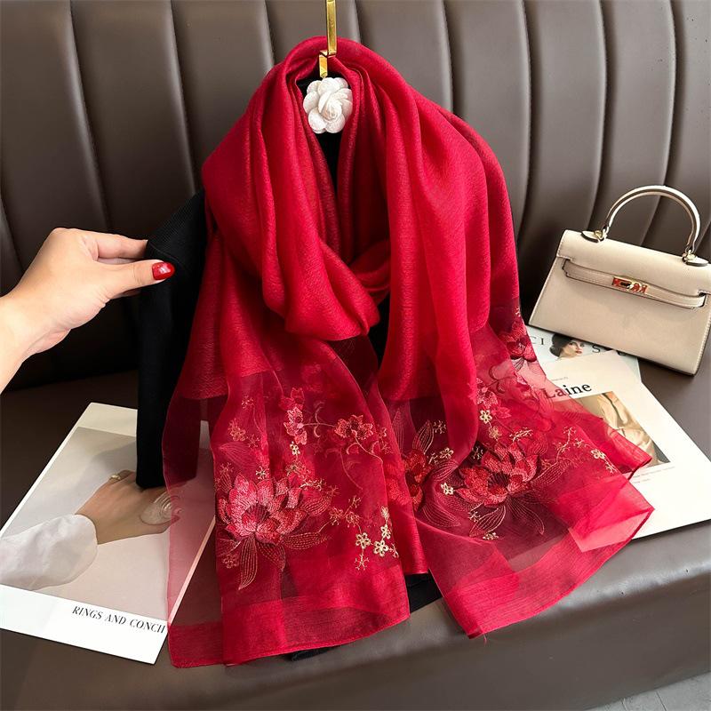 Hand-Embroidered Mulberry Silk Scarf - Elegant Spring & Autumn Shawl