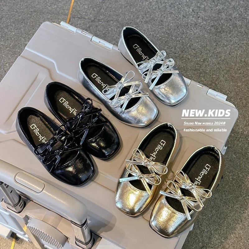 2024 Children Leather Shoes for Girls Autumn New Fashion Princess Style Soft Bottom Sweet Bowtie Dancing Versatile Party Shoes