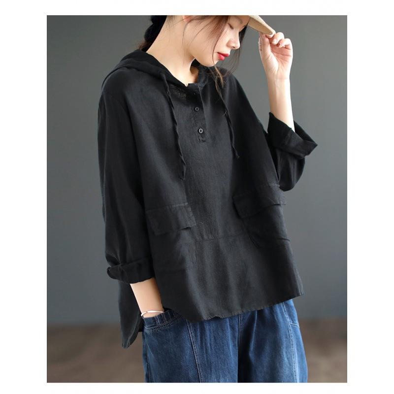 Primavera e Outono literário retro algodão manga comprida camisola grande tamanho solto capuz sabor Hong Kong manga comprida T-shirt feminino