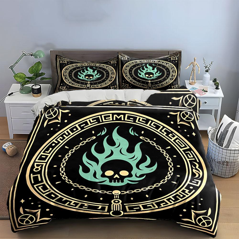 Skull Flame Decorative Set Bedding Set With 1 Duvet Cover 2 Pillowcases Single Double King Queen, Gift