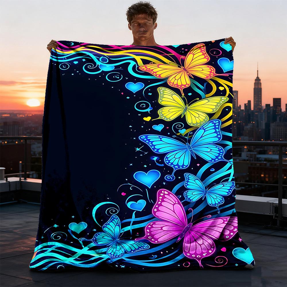 1pc Butterfly Print Outdoor Flannel Blanket , Machine Washable Perfect Gift for Birthday , Holiday Travel Accessory , Durable Material