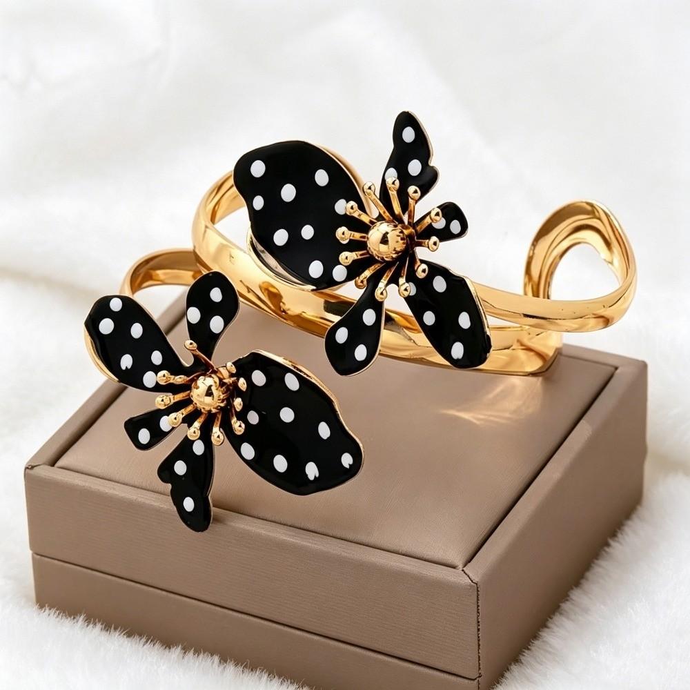 Enamel Glaze Flower Open Bangle Polka Dot Adjustable Bracelet Floral Bracelet  Birthday Gift