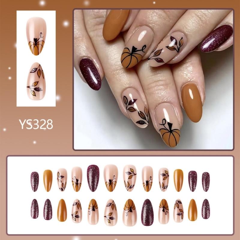 Maple Leaf Desings Halloween Stick On Nail Thanksgiving Gift Almond False Nails for a Festive Autumn Nail Makeover