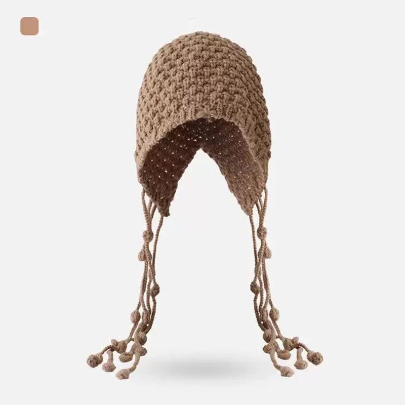 Autumn And Winter Warm Wool Hat Hand-Woven Hollow Bag Hat Women'S Ethnic Style Fringed Ear Protector Knitted Hat