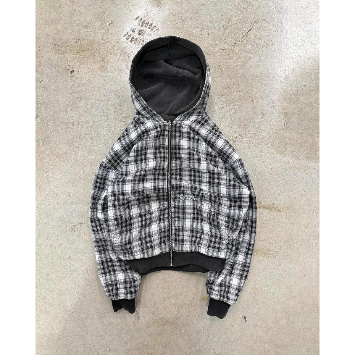 

STREETRICH Autumn and Winter New American Retro Stand Up Collar, Front and Back Loose Workwear, Checkered Hoodie Jacket S