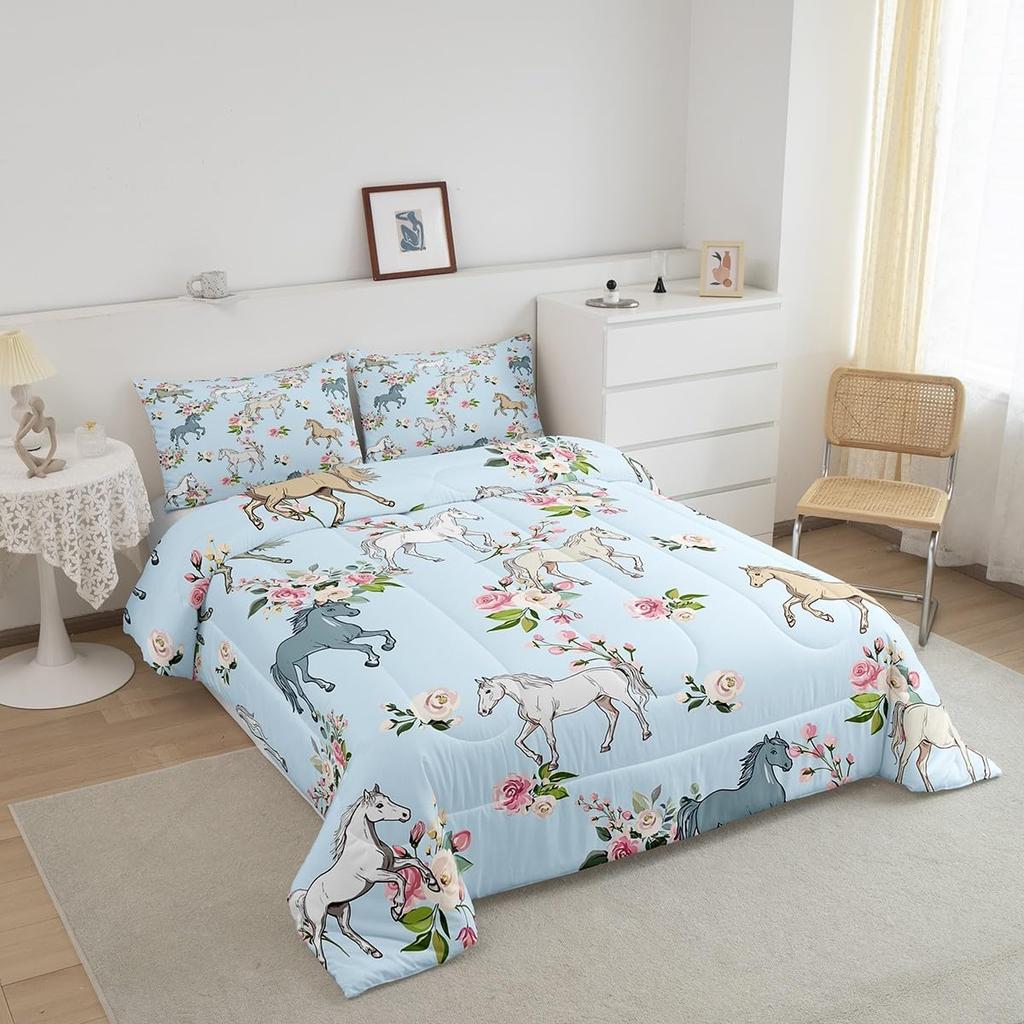 Erosebridal Horse Quilt Twin Size, Farmhouse Western Cowboy Cowgirls Duvet Insert for Kids Boys Girls Teens, Cartoon Kawaii Horse Bedding Se