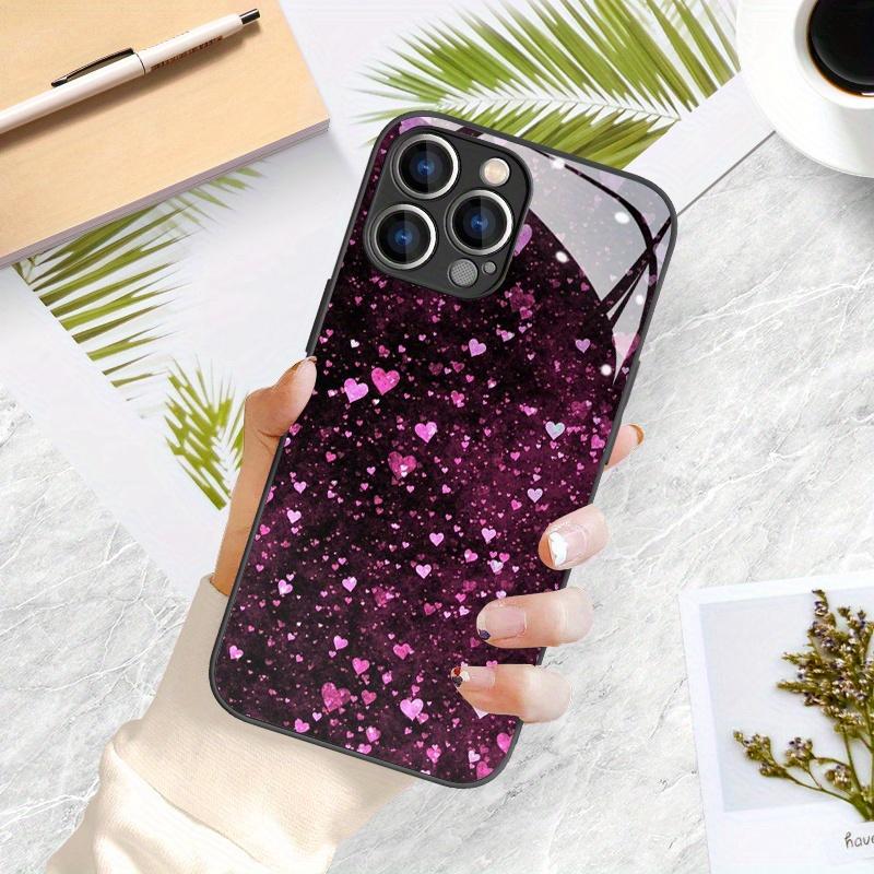 Tempered glass phone case for iPhone 17 16 15 14 13 12 11pm Pro Plus. Full-screen pink heart design.