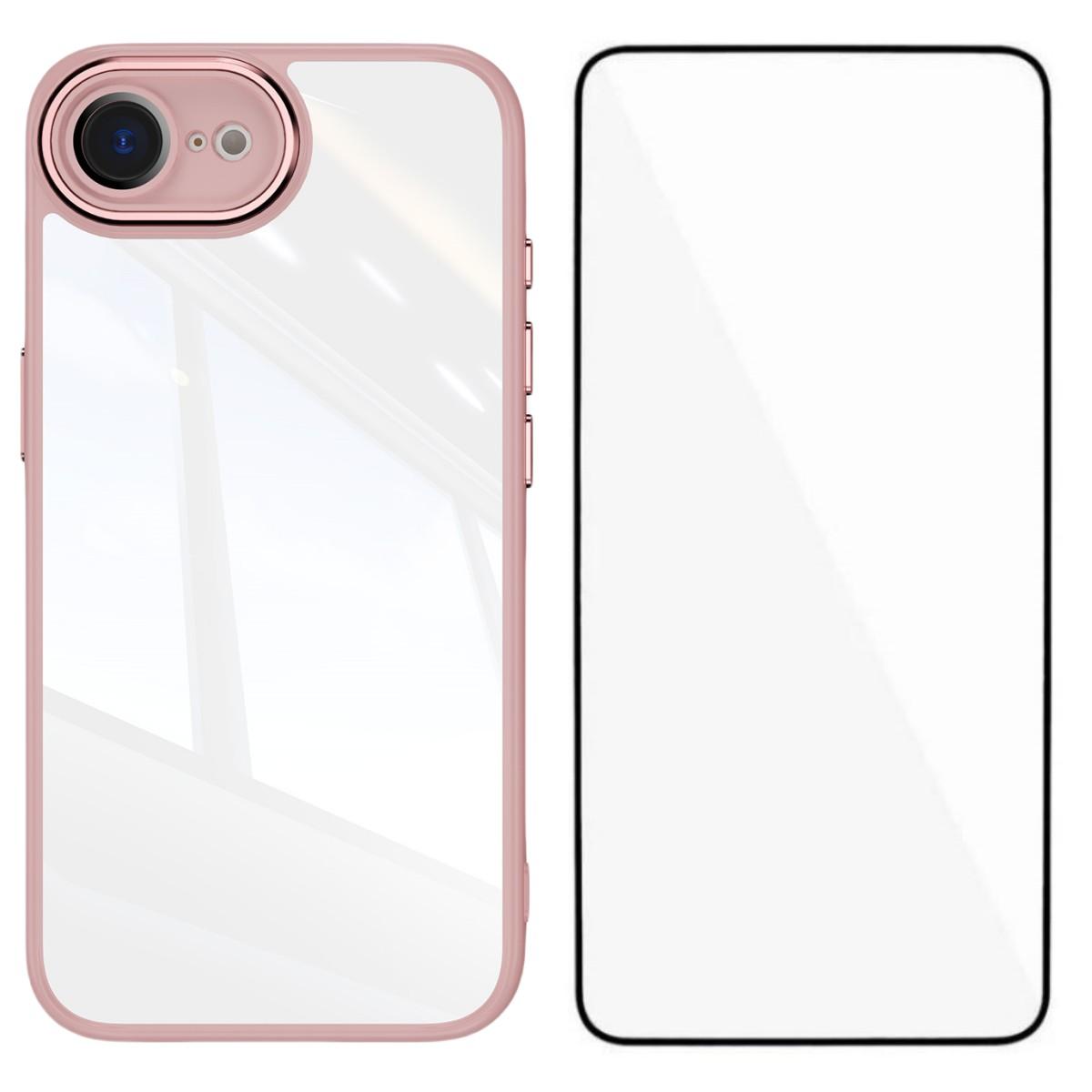 

For iPhone 16e TPU Case WANLONFENG Shockproof Clear Phone Cover with Tempered Glass Film Pink