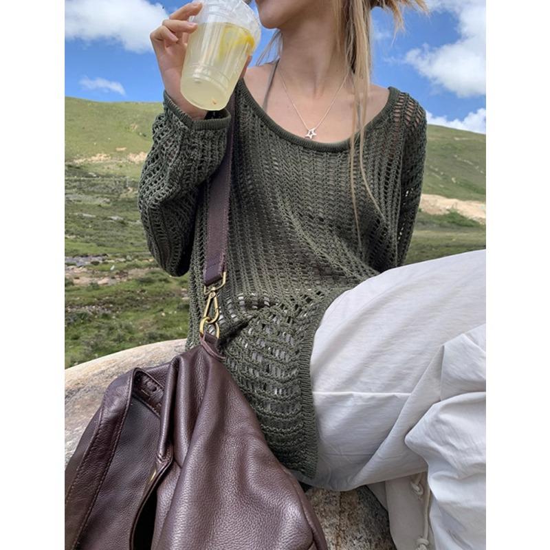 Fashion Loose Long Sleeve Hollow Out Knitted Sweater Women Casual Outer Blouse Thin Hollow Spring Summer Covers Up Long Air-conditioning Shirt Top