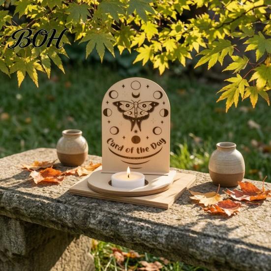 Gift for Housewarming Wooden Tarot Card Holder Stand, of The Day Candle Tealight Holder, Moon Small Wood Stand Candles Sun Star Pattern Altar Display