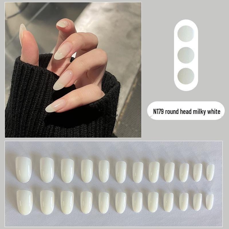 Set of 24 Medium-Long Milk White Round Press-On Nail Art Patches