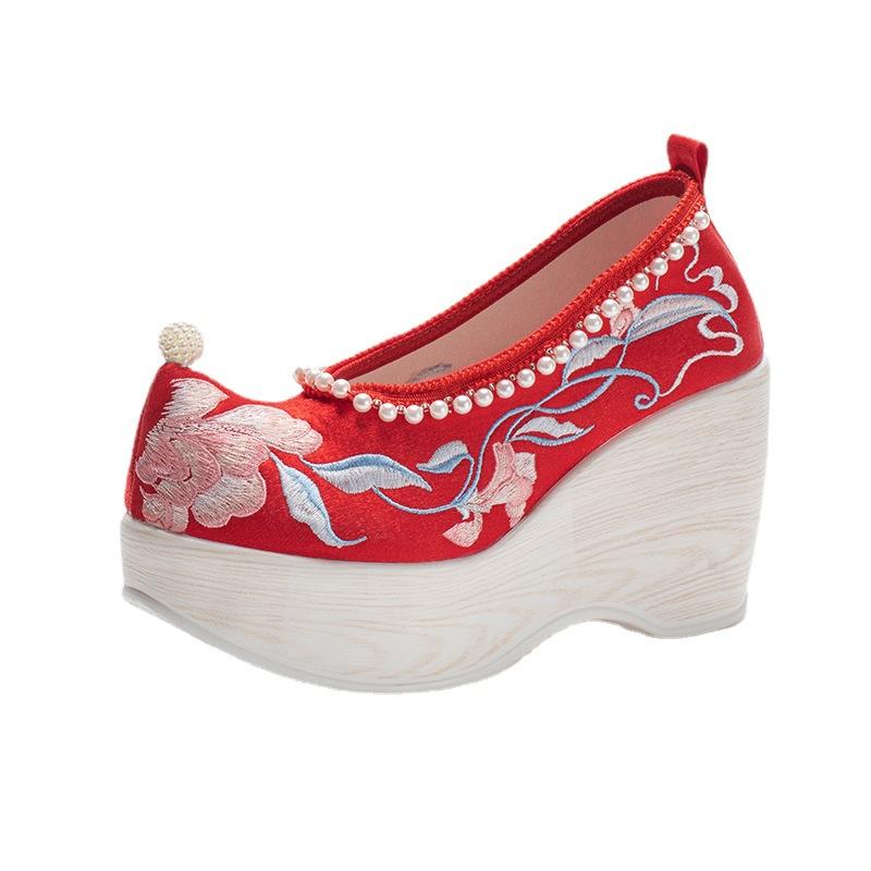 Women Cheongsam Hanfu High-heeled Embroidered Shoes Chinese Style Ancient Fairy Cosplay Ankle Boots Pearl Lace-up Cloth Shoes