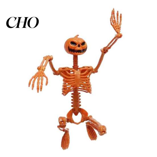 Scary Doorway Hanger 40cm Pumpkin Head Skeleton for Halloween Decoration, Movable Joint Indoor Hanging Ghost Skull Figurine with Lanyard, Spooky Party