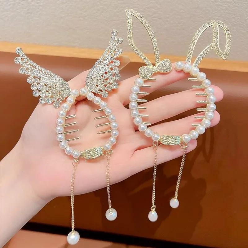 Blue Red Butterfly Bun Ponytail Buckle Holder Hair Clips Elegant Hairpin Hanging Pearl Tassel High Ponytail Hair Claw for Women