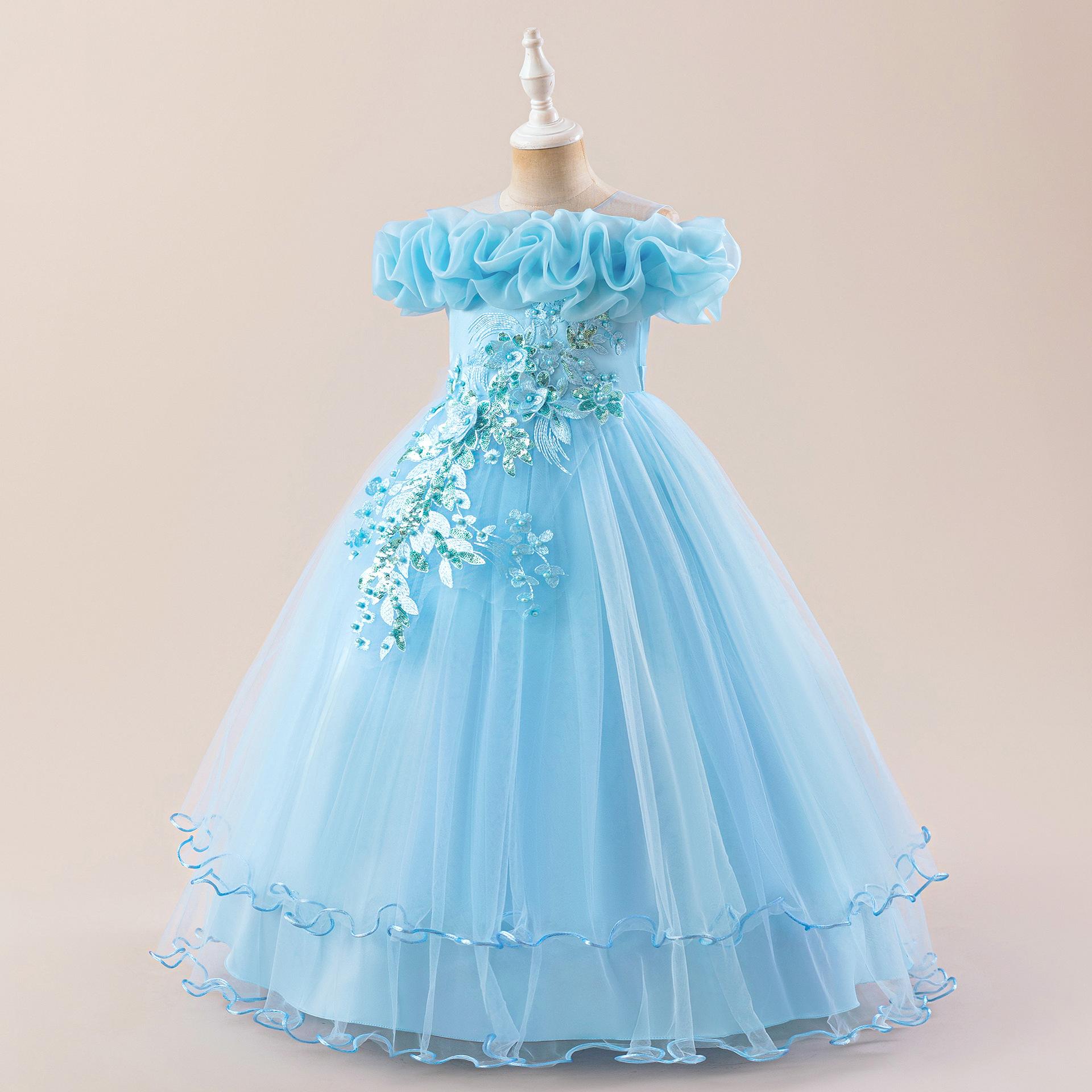 

Children s Dresses Beaded Flowers One-Shoulder Wedding Flowers Dresses For Little Girls Stage Party Dresses 120 синій