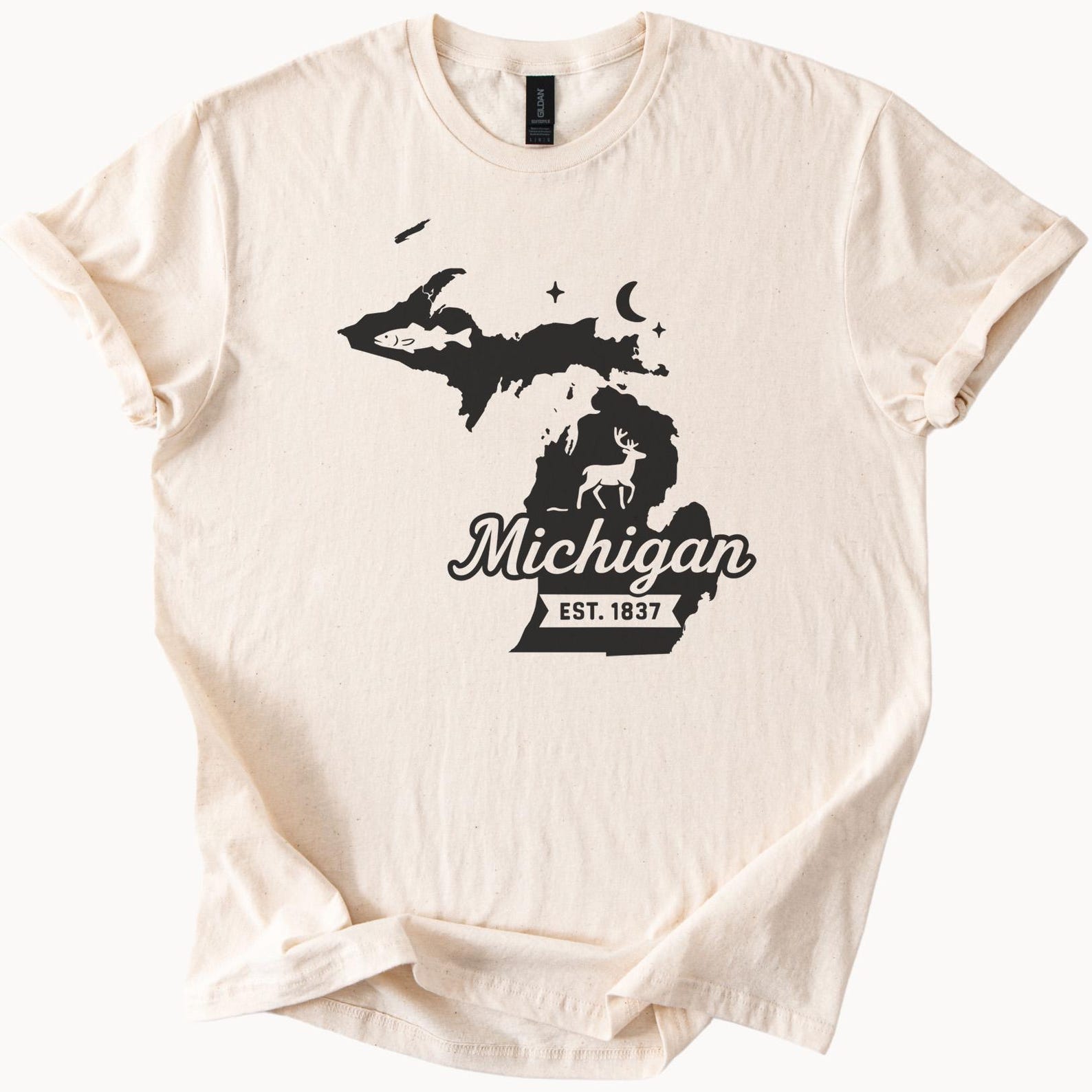 Michigan State Map Graphic T Shirt Featuring Deer Fish Moon and Established 1837 Outdoor Nature Wildlife Gift for Michigan Lovers 150
