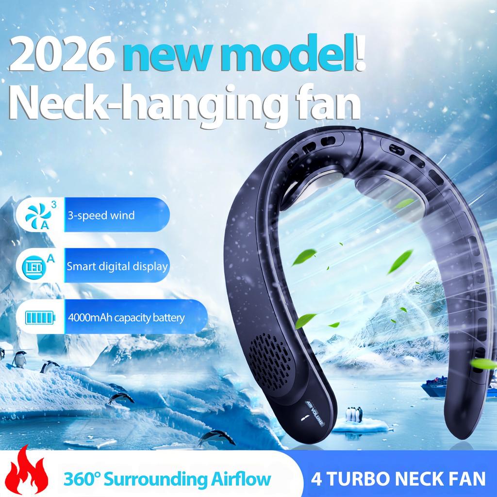 3 Geschwindigkeiten Nackenventilator, 4000mAh Wiederaufladbar, LED-Anzeige, 360° Luftstrom, Leicht, Leise Leistungsstark Tragbarer Ventilator für Reisen Outdoor