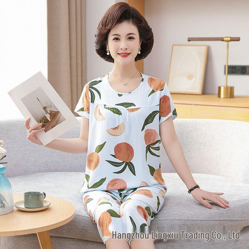Women's Plus Size Summer Cotton Pajama Set for Middle-Aged & Elderly - Short-Sleeved Homewear Suitable for Outdoor Wear