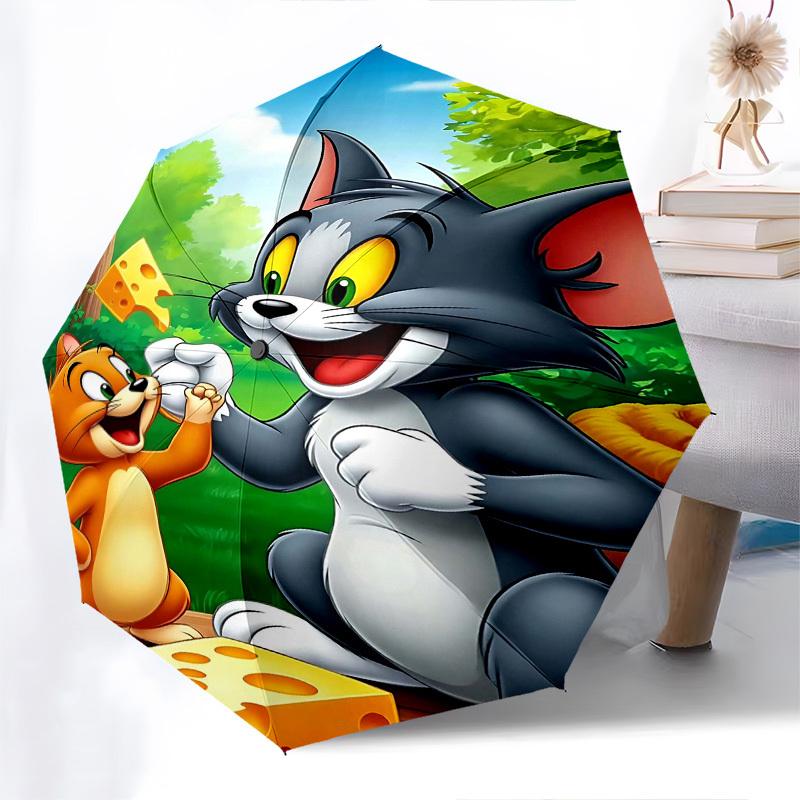 1pc Tom and Jerry Automatic Folding Umbrella - Compact 8-Rib Design, Durable Plastic & Iron1092L