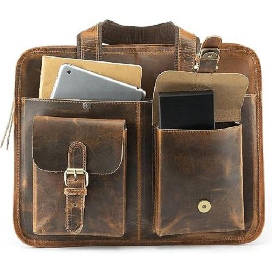 Grain Buffalo Leather 15 Inch Briefcase Messenger Laptop Computer Bags Satchel For Office, Work, Business & Travel