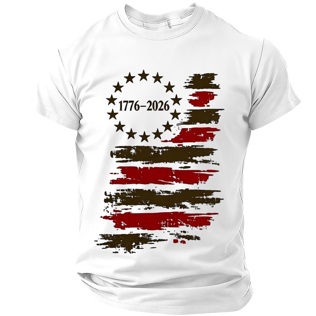 Men’s Short Sleeve Crew Neck T Shirt with Distressed Flag Print 776–2026 Graphic for Everyday Wear