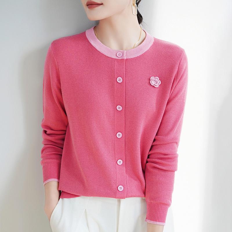 

Women s Rose Colorblock Merino Wool Cardigan Sweater - Long Sleeve, Thin 3D Design L