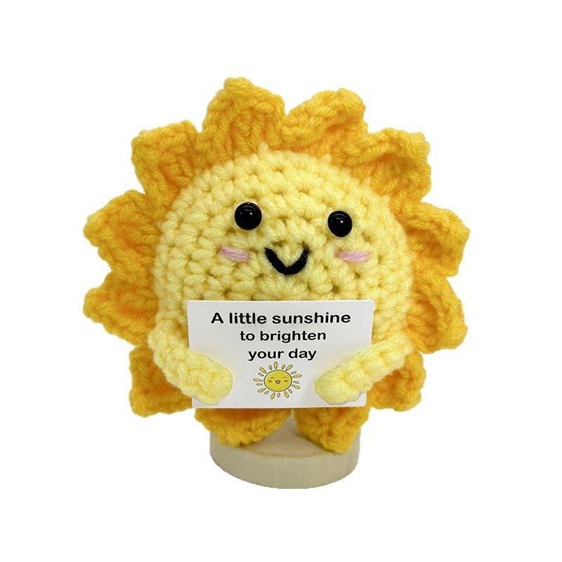 Funny Positive Crochet Sunshine Doll Desktop Ornament Handmade Cheer Emotional Support Positive Sun with Card Home Party Decor