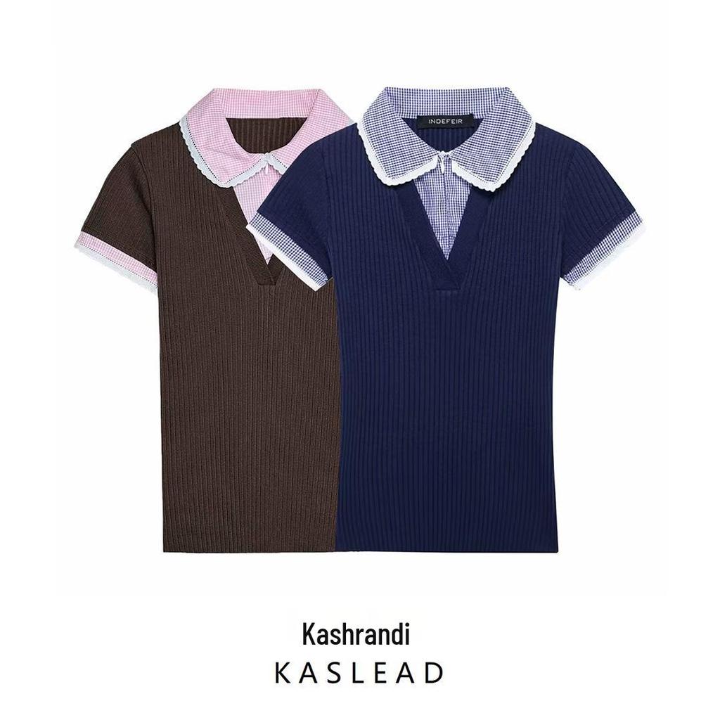 2025 European & American Style Women's Spring Ribbed T-Shirt with Turn-Down Collar