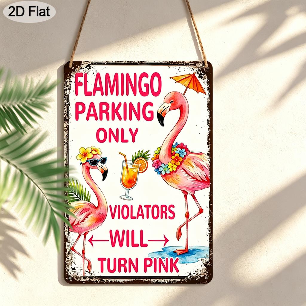 2D Flat, 1pc Flamingo Parking Only Metal Sign 7.87x11.81inch - Aluminum Tropical Bird Themed Decor for Home, Restaurant, Bar, Cafe, Garage - Durable
