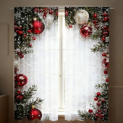 2 Panneaux Rideaux de Noël Boules Imprimées Plates 2D Rideau avec Flocons de Neige et Branches de Pin Décoration de Rideaux de Fenêtre de Fête pour Chambre Salon