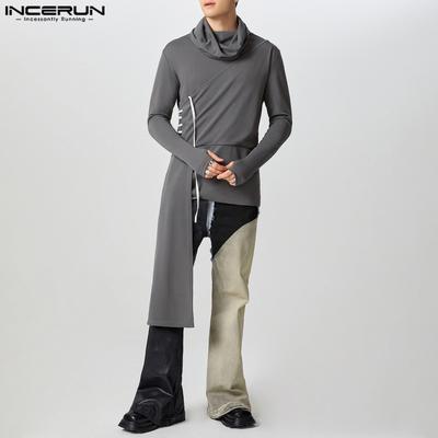 Men Turtleneck Long Sleeve Patchwork Casual Irregular Hem Ruffled Tops