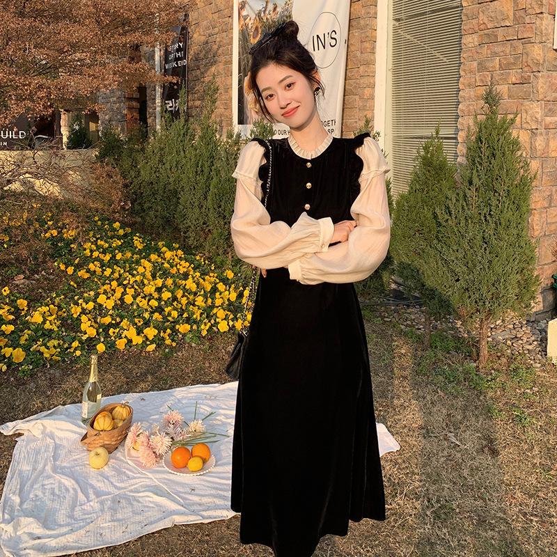 Xiaoxiangfeng Fake Two-piece Velvet Dress for Women's Autumn and Winter New High-end French Temperament Slim Skirt