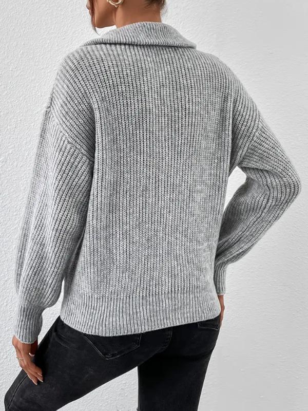 Women's Knitted Polo Collar Zipper Sweater: Solid Color, Loose Fit, Long Sleeve