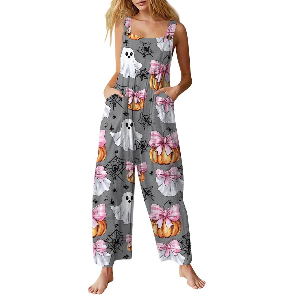 Women's Sleeveless Jumpsuit Cotton Halloween Print Casual Loose Fit Overalls Wide Leg Romper with Adjustable Straps and Pockets