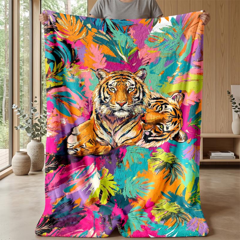 Tiger In Colorful Jungle Theme Blanket Lightweight Warm Flannel Blanket Decorative Throw Blanket for Home Decoration