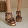 Damen Sommer Neue Einfarbige Riemen-High-Heel-Sandalen mit Blockabsatz und Rundem Zehen