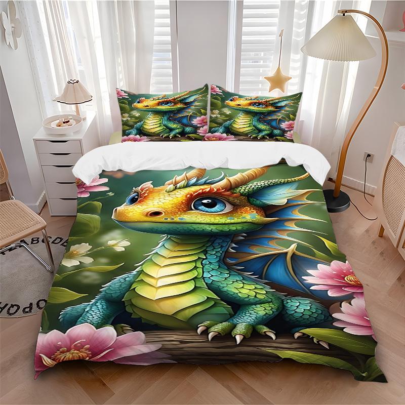 

3pcs bedding set Dragon Flowers Includes 1 Comforter + 2 Pillowcases, Without Pillow Inserts, Soft Comfortable, Lightweight Breathable065 135x200cm