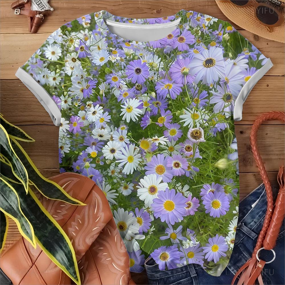 Summer Women's T-shirt Blooming Flower Sea Colorful Flowers Full Print Women's Leisure Versatile Short Sleeve Top