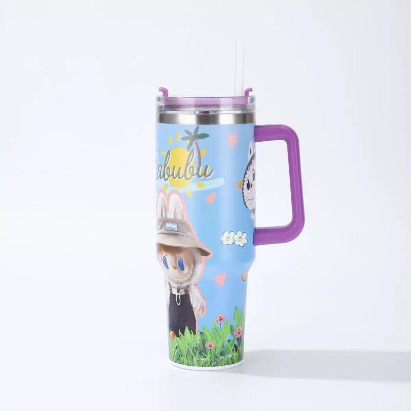 Cartoon pattern Labubu 40oz car cup 304 stainless steel thermos cup Labubu car straw Bingba cup