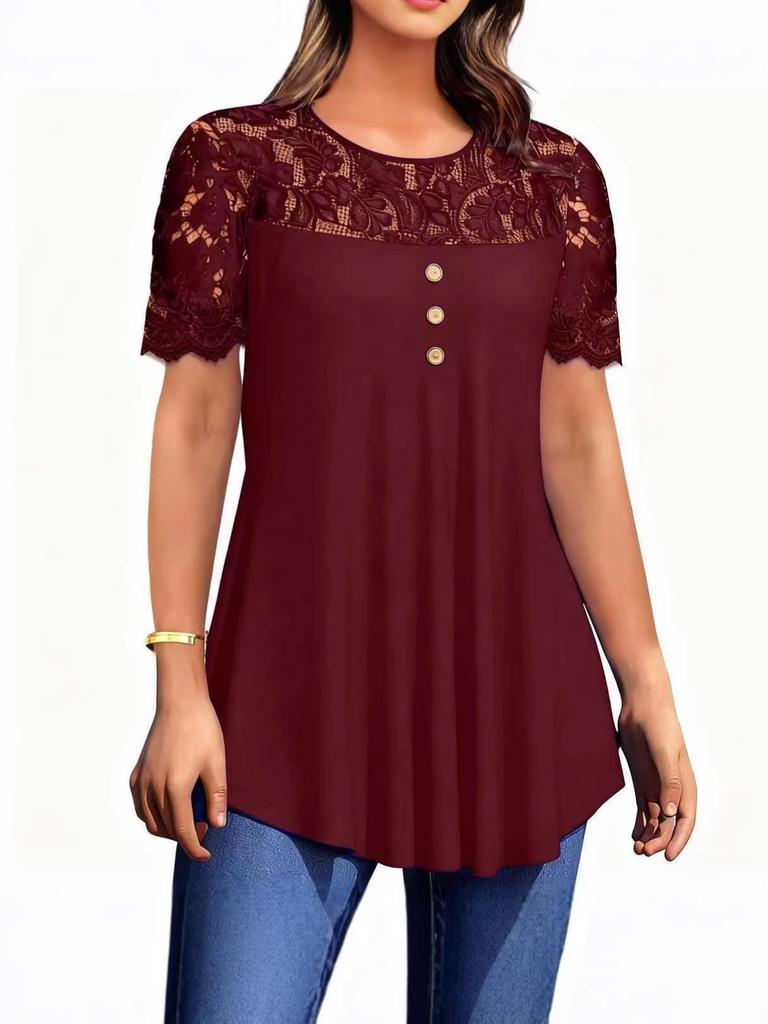 Tunique Élégante Patchwork de Dentelle Couleur Unie Manches Courtes pour Femme Printemps/Été 2026