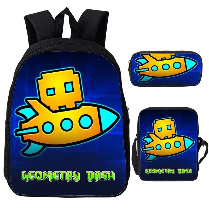 Angry Geometry Dash Cartoon Print Children Backpack 3Pcs Set Boys Girls School Bags Large Capacity Bookbag Back To School Gifts