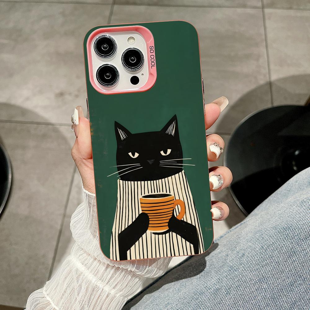 Cute Coffee Cat Pink Translucent Mobile Phone Case for iPhone 17 16 15 14 13 12 11 X XR XS Air Pro Max Plus Colorful Cover