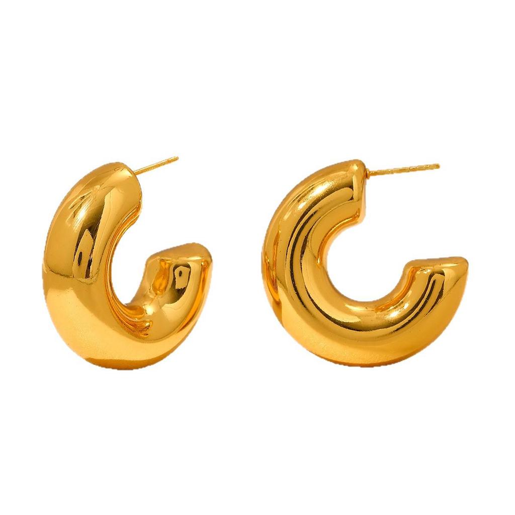 Gold C-Shaped Round Hoop Earrings with Bright Surface, French Light Luxury, High-End Stainless Steel