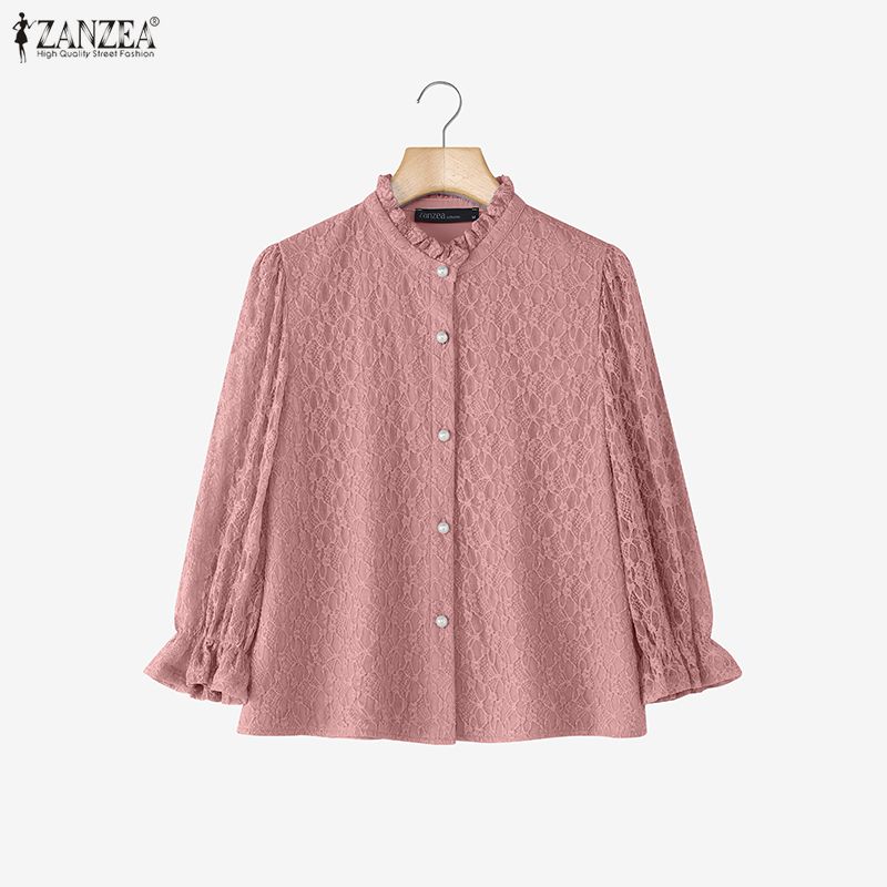 ZANZEA Women Casual Stand Collar 3/4 Sleeve Patchwork Lace Blouse